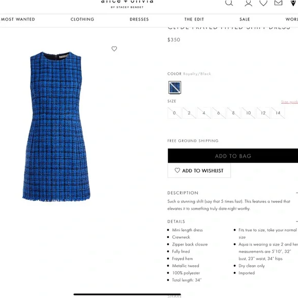 Alice + Olivia Clyde Royal Blue Black Tweed Crewneck Mini Dress